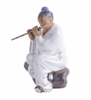 Man in white with flute bonsai miniature figurine
