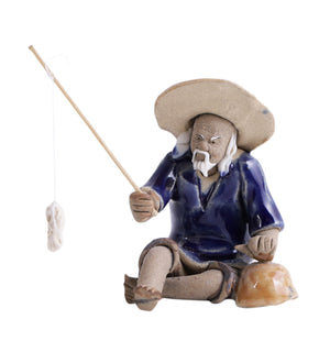 Fisherman in blue with fishing rod bonsai miniature figurine