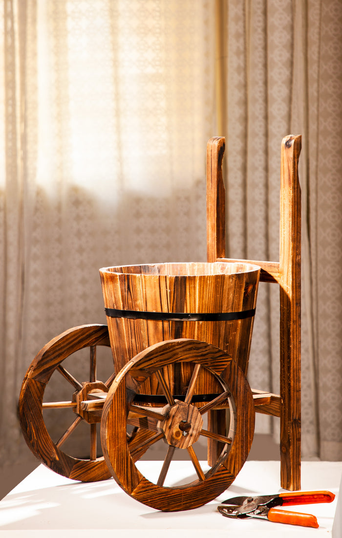 Wooden pot holder stand on wheels