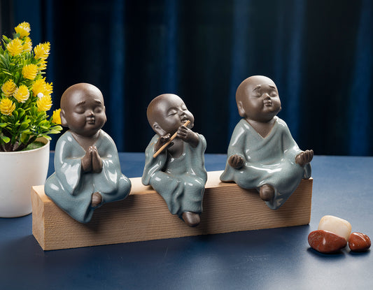 Set Of Three Monks: Playing Flute, Praying & Meditating