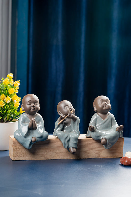 Set Of Three Monks: Playing Flute, Praying & Meditating