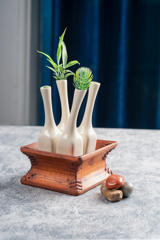 Ceramic Bud Vase Set With Wooden Base