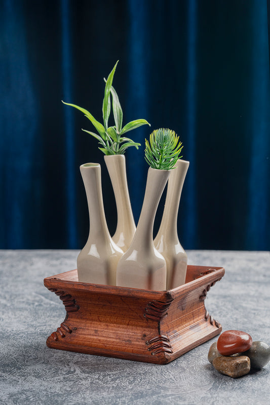 Ceramic Bud Vase Set With Wooden Base