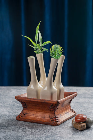 Ceramic bud vase set with wooden base