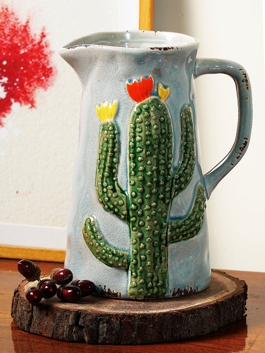 Jug Shaped Ceramic Vase With Cactus Deisgn