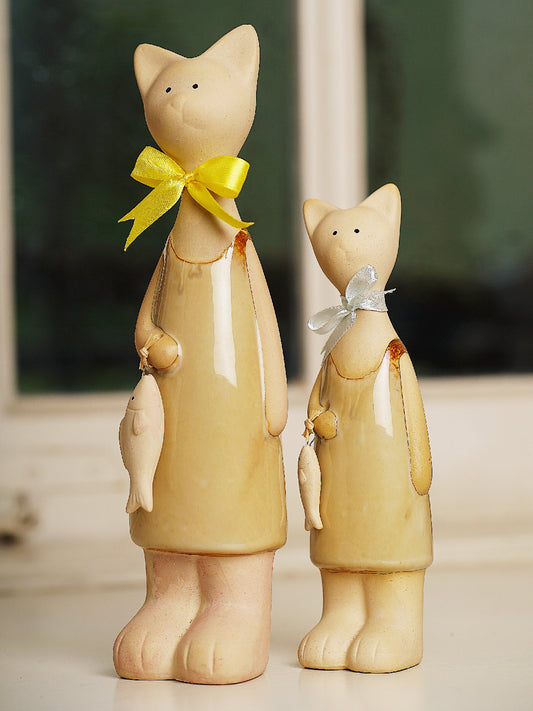Ceramic Pair Of Cats Holding Fish