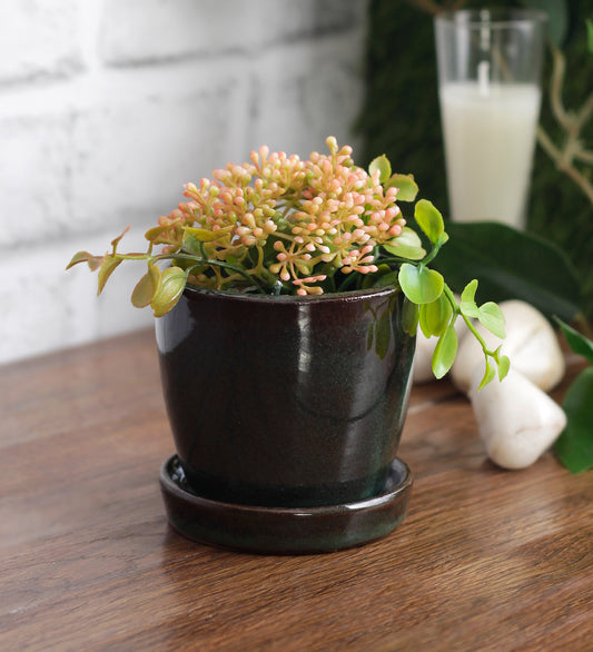 Glazed Ceramic Round Tabletop Pot With Saucer