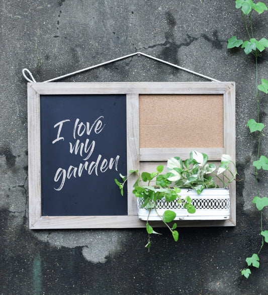 Wooden Black Board With Metal Vase