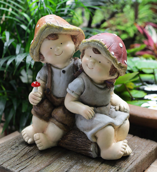 Frp Boy And Girl Sitting On Wooden Log Décor