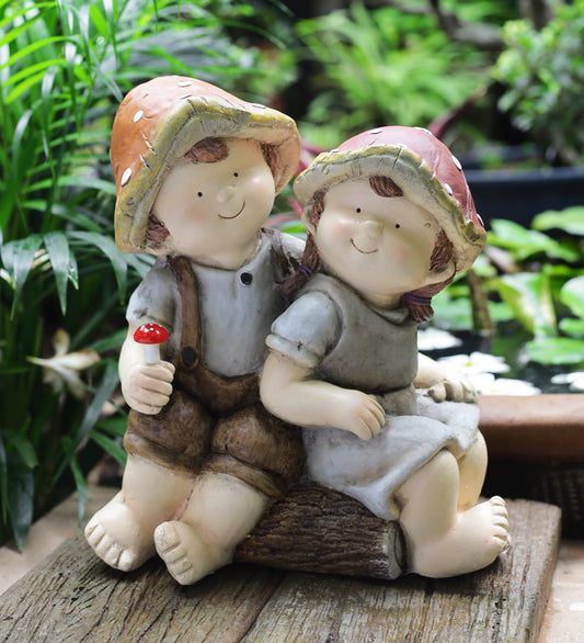 Frp Boy And Girl Sitting On Wooden Log Décor