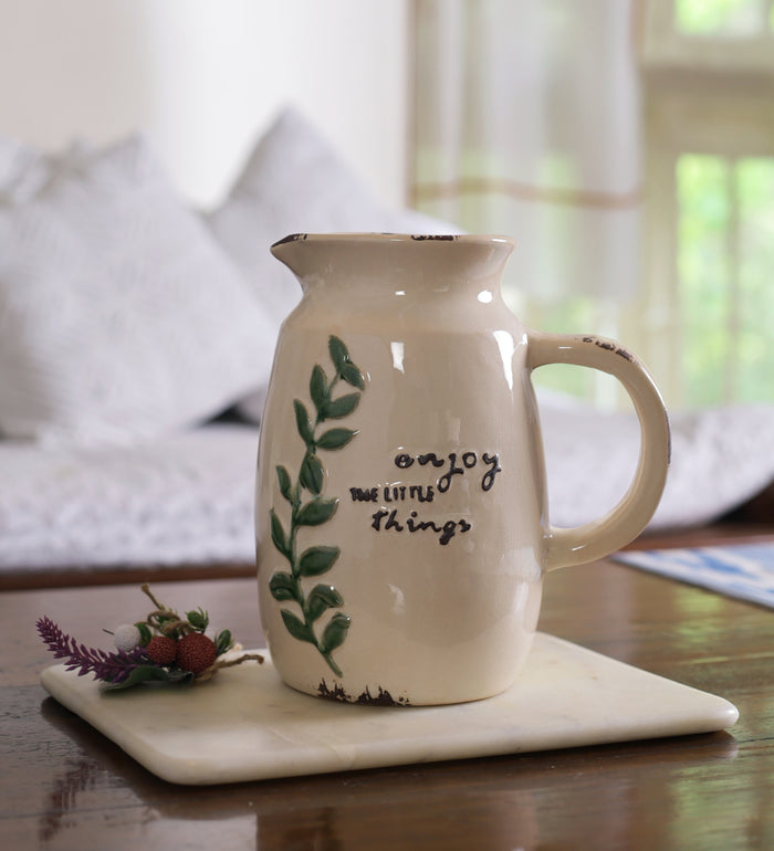 Enjoy the little things jug shaped glazed white ceramic vase