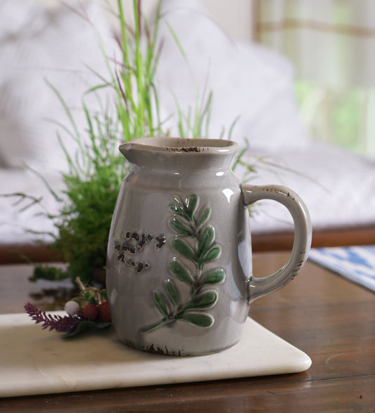 Enjoy The Little Things Jug Shaped Glazed Grey Ceramic Vase