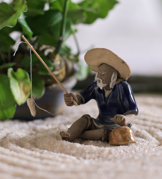 Fisherman In Blue With Fishing Rod Bonsai Miniature Figurine