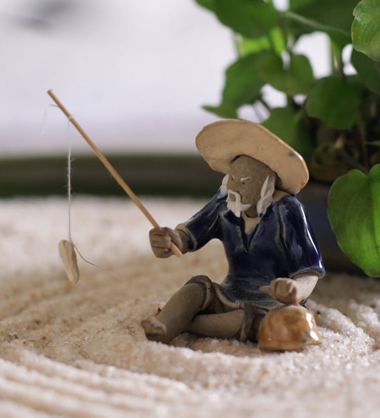 Fisherman In Blue With Fishing Rod Bonsai Miniature Figurine